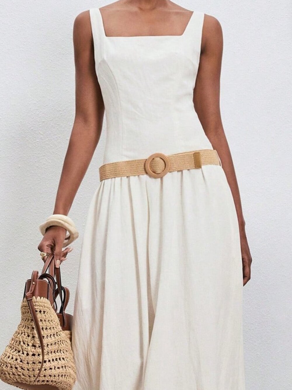 Beige Elegant Women's Square Neck Sleeveless Maxi Dress - Picture 5 of 6